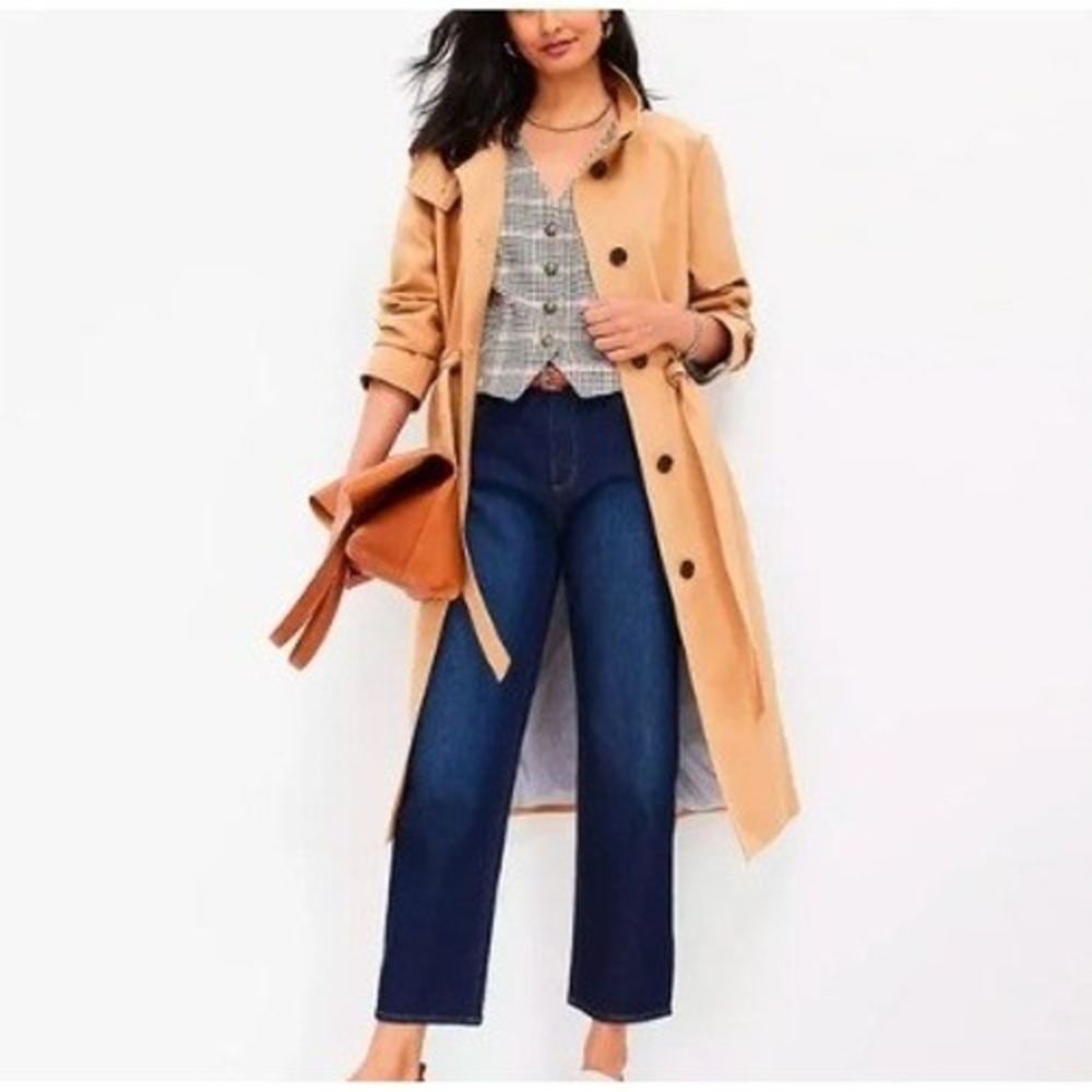 LOFT Women's Camel Tan Cotton Drawstring‎ Waist Trench Coat Petite Size MP
